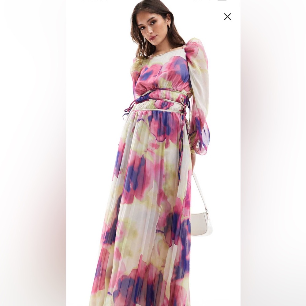 ASOS DESIGN pleated drawstring bodice maxi dress in blurred floral print